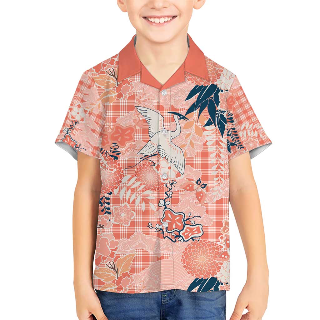 Red Palaka Crane and Flowers Kid Hawaiian Shirt Japan Heritage Spirit - Polynesian Pride