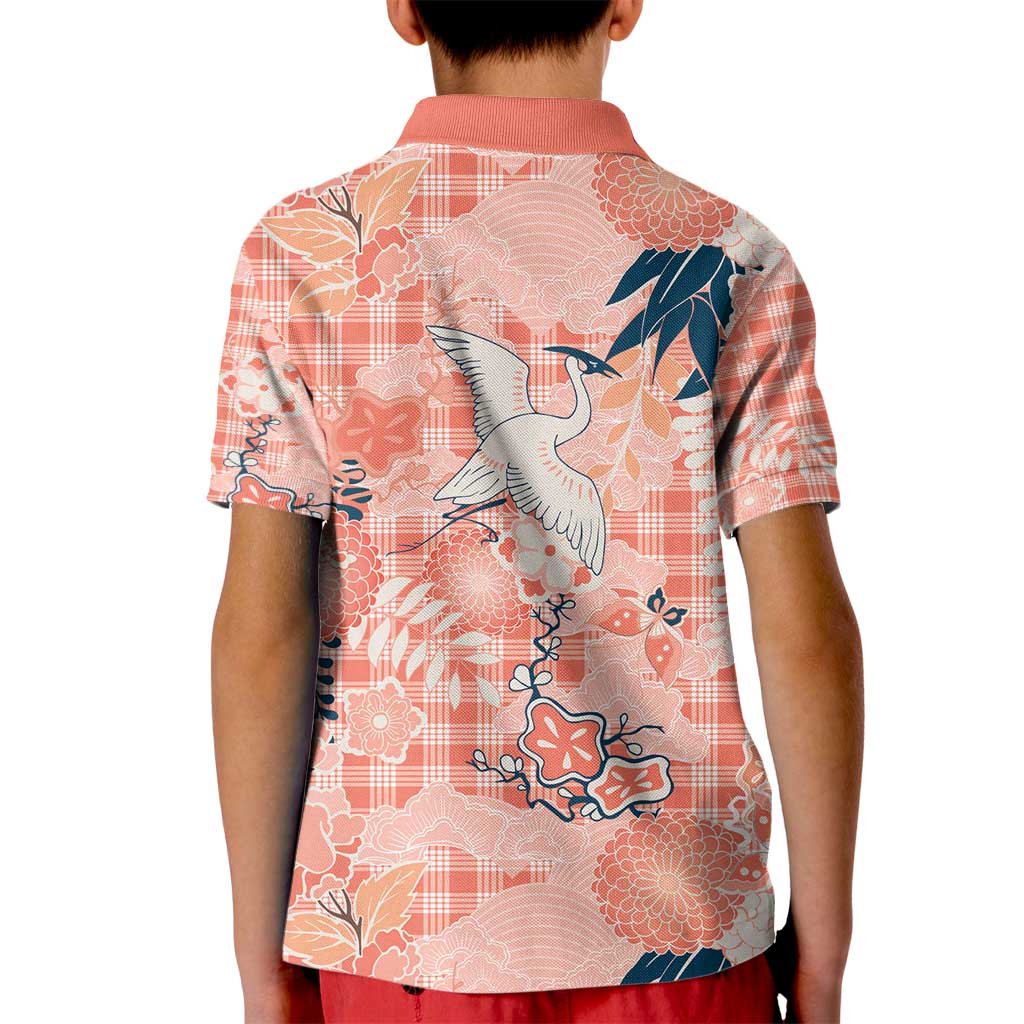 Red Palaka Crane and Flowers Kid Polo Shirt Japan Heritage Spirit - Polynesian Pride