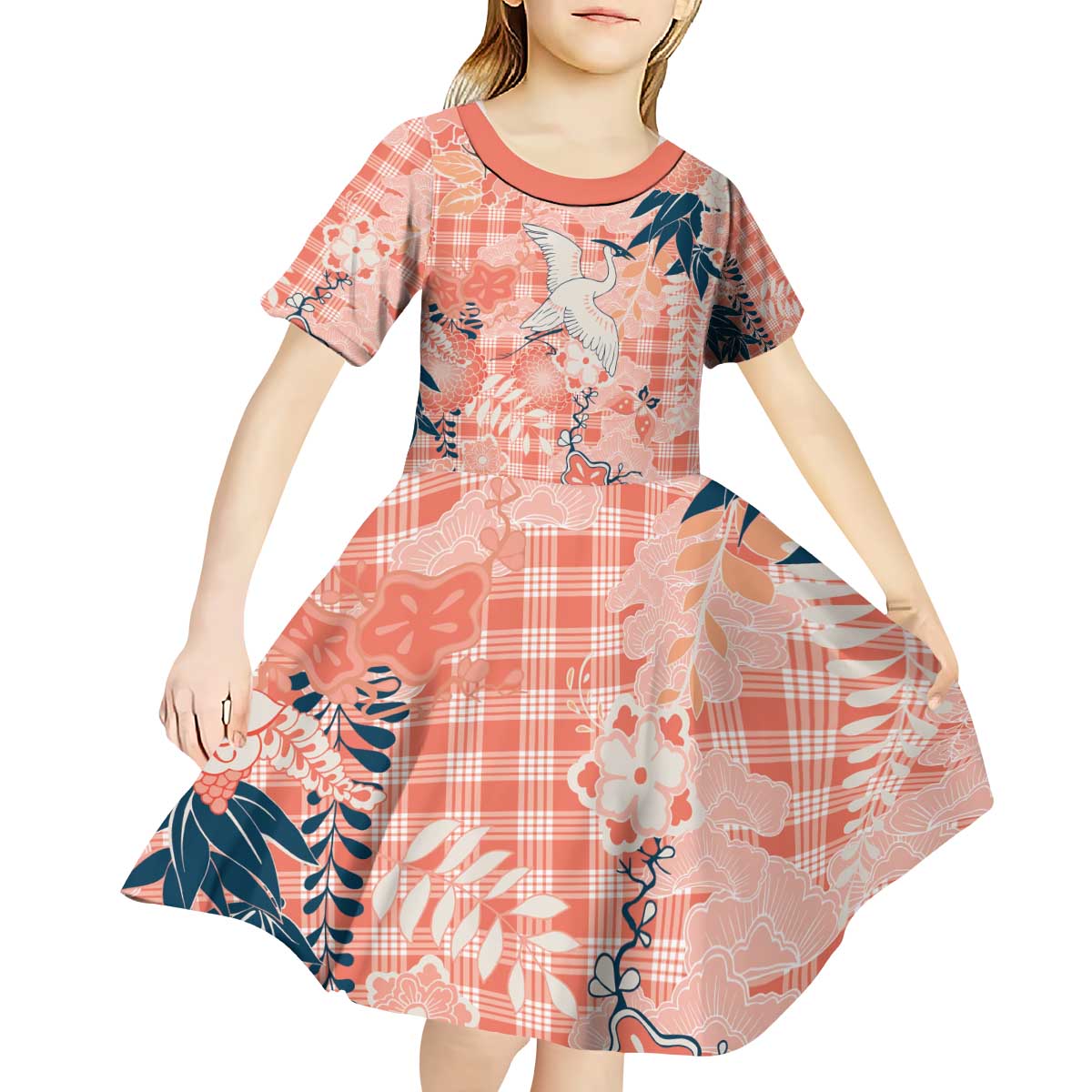Red Palaka Crane and Flowers Kid Short Sleeve Dress Japan Heritage Spirit - Polynesian Pride