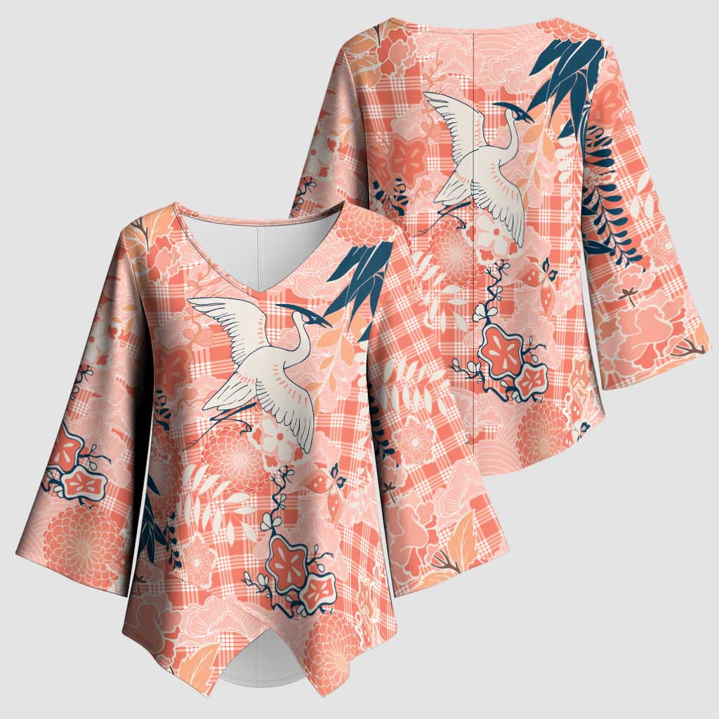 Red Palaka Crane and Flowers Kimono Sleeve Blouse Japan Heritage Spirit - Polynesian Pride