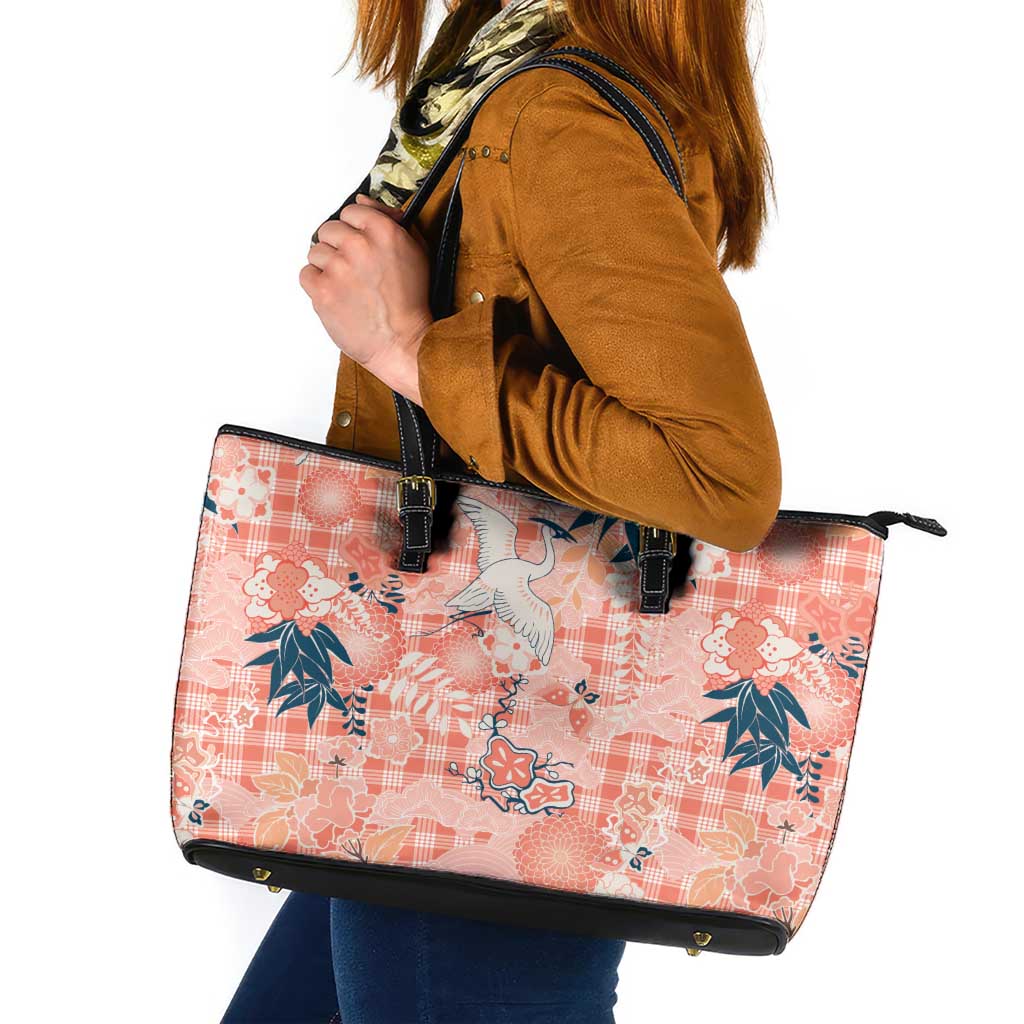 Red Palaka Crane and Flowers Leather Tote Bag Japan Heritage Spirit LT9 Red - Polynesian Pride