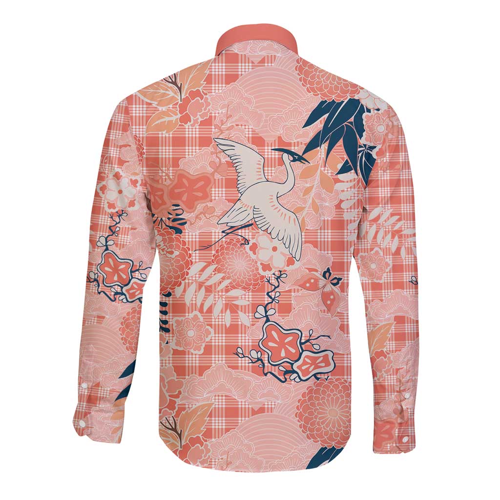 Red Palaka Crane and Flowers Long Sleeve Button Shirt Japan Heritage Spirit - Polynesian Pride