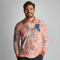 Red Palaka Crane and Flowers Long Sleeve Polo Shirt Japan Heritage Spirit - Polynesian Pride