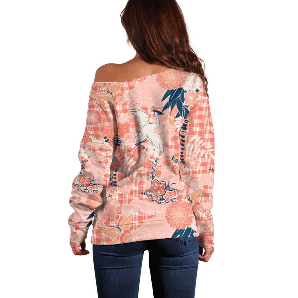 Red Palaka Crane and Flowers Off Shoulder Sweater Japan Heritage Spirit - Polynesian Pride