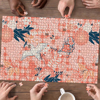 Red Palaka Crane and Flowers Puzzle Japan Heritage Spirit - Polynesian Pride