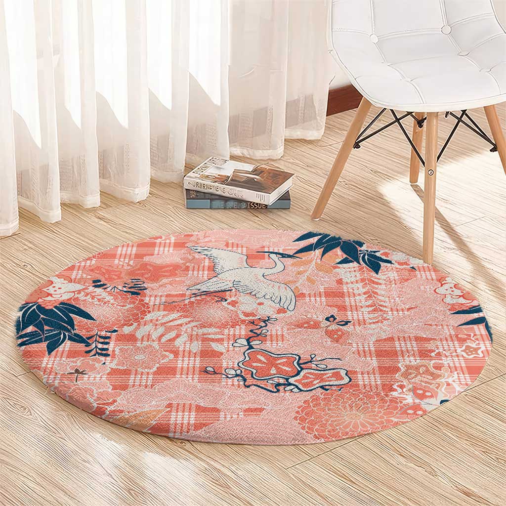 Red Palaka Crane and Flowers Round Carpet Japan Heritage Spirit - Polynesian Pride