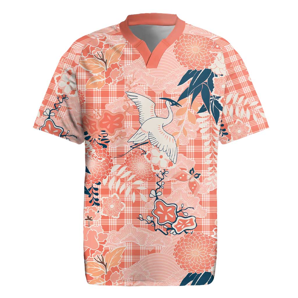 Red Palaka Crane and Flowers Rugby Jersey Japan Heritage Spirit - Polynesian Pride