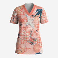 Red Palaka Crane and Flowers Scrub Top Japan Heritage Spirit - Polynesian Pride