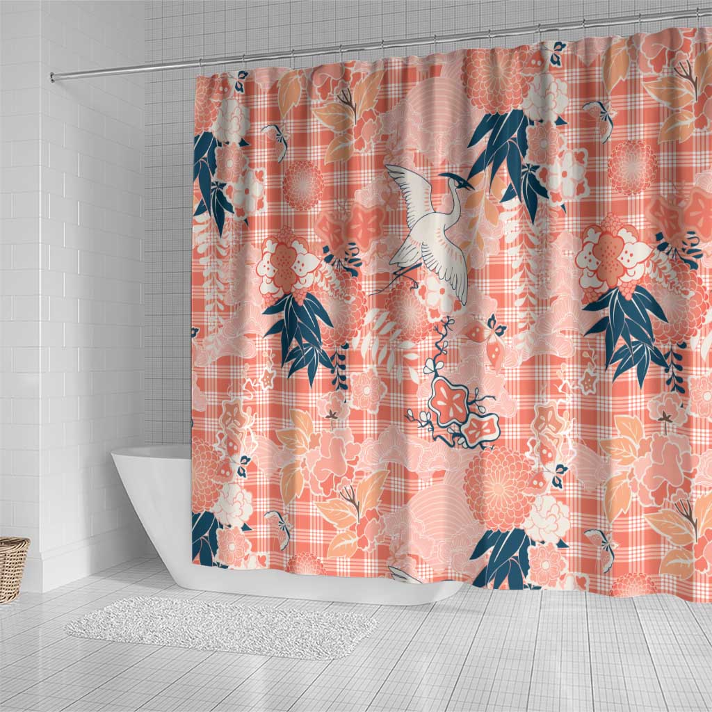 Red Palaka Crane and Flowers Shower Curtain Japan Heritage Spirit - Polynesian Pride