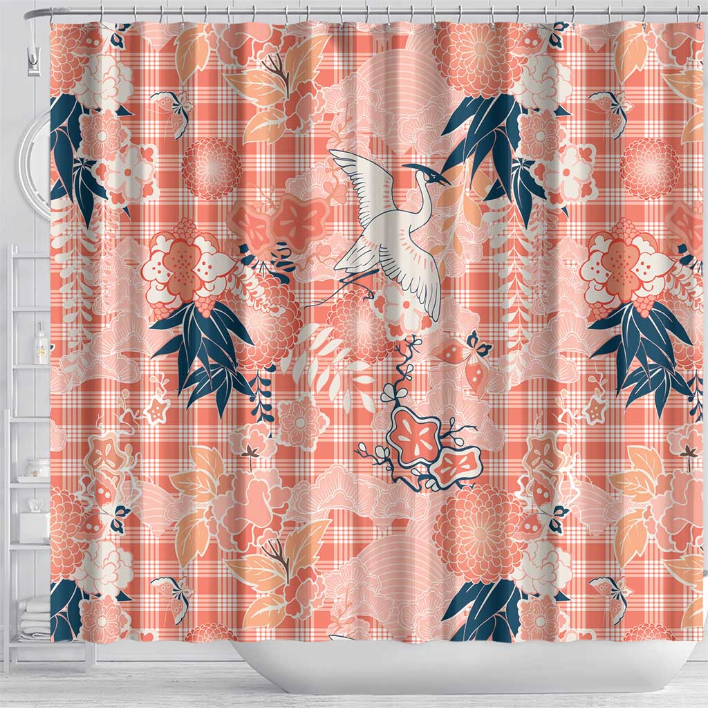 Red Palaka Crane and Flowers Shower Curtain Japan Heritage Spirit - Polynesian Pride