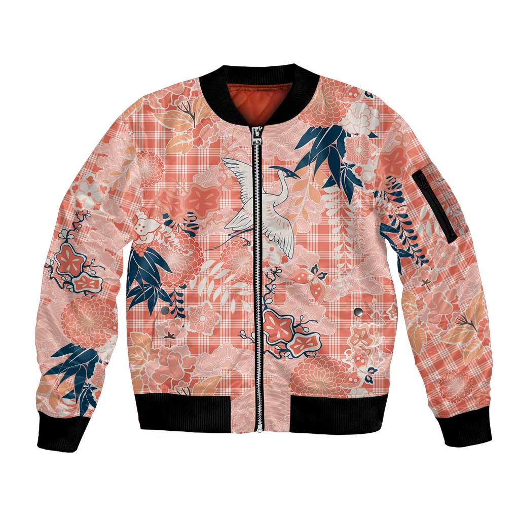 Red Palaka Crane and Flowers Sleeve Zip Bomber Jacket Japan Heritage Spirit LT9 Unisex Red - Polynesian Pride