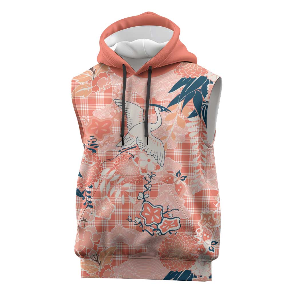 Red Palaka Crane and Flowers Sleeveless Hoodie Japan Heritage Spirit - Polynesian Pride