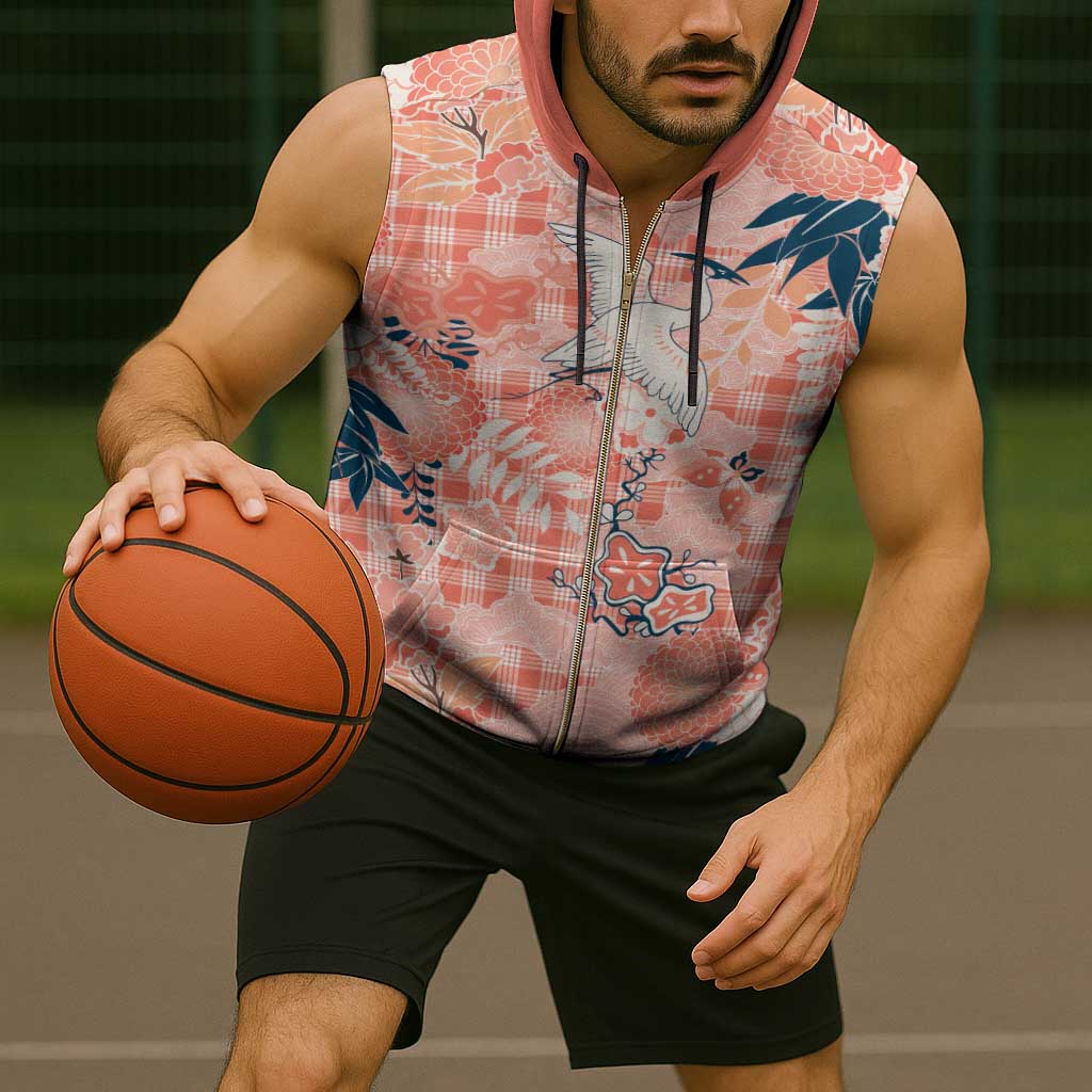 Red Palaka Crane and Flowers Sleeveless Zip Hoodie Japan Heritage Spirit - Polynesian Pride