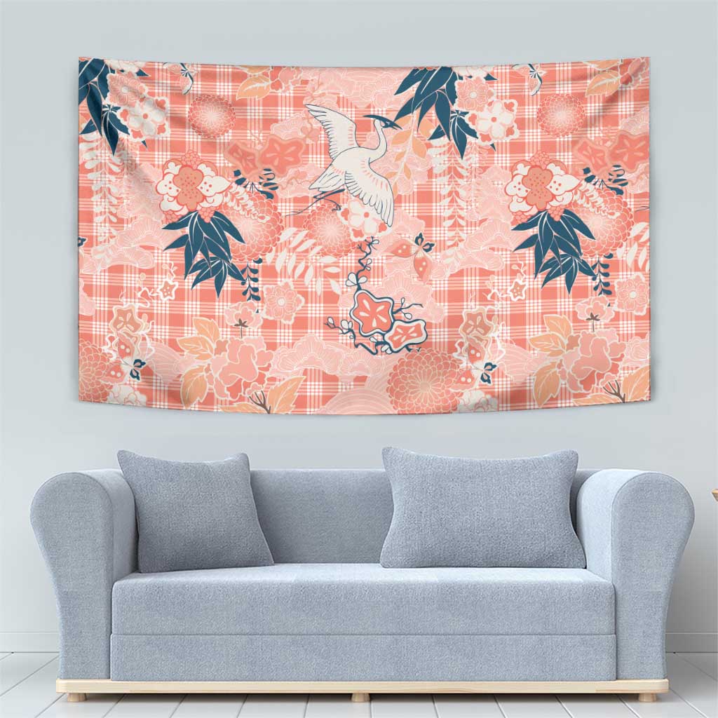 Red Palaka Crane and Flowers Tapestry Japan Heritage Spirit - Polynesian Pride