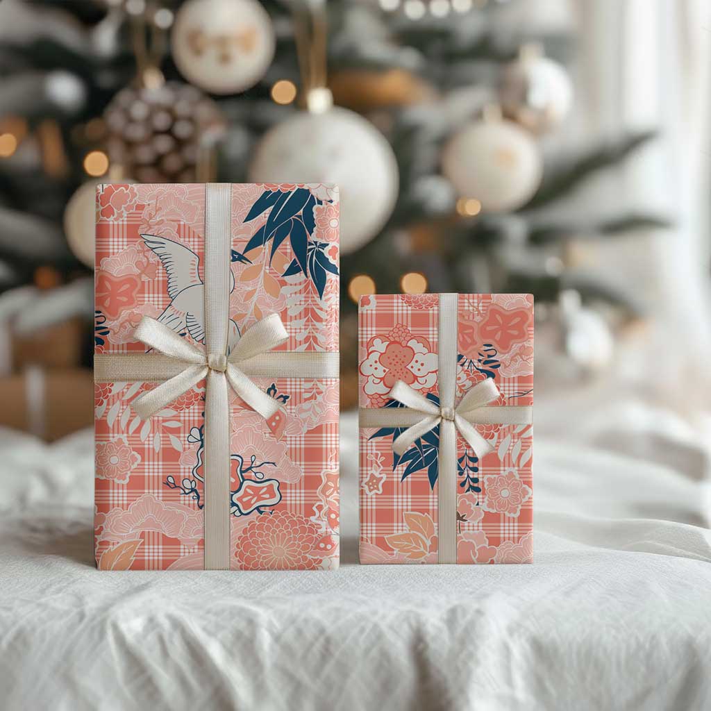 Red Palaka Crane and Flowers Wrapping Paper Japan Heritage Spirit - Polynesian Pride