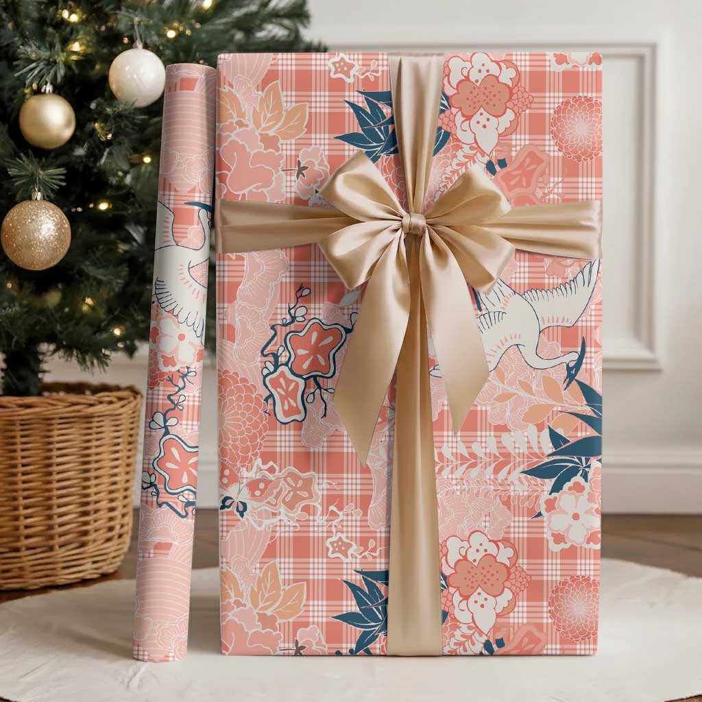 Red Palaka Crane and Flowers Wrapping Paper Japan Heritage Spirit - Polynesian Pride