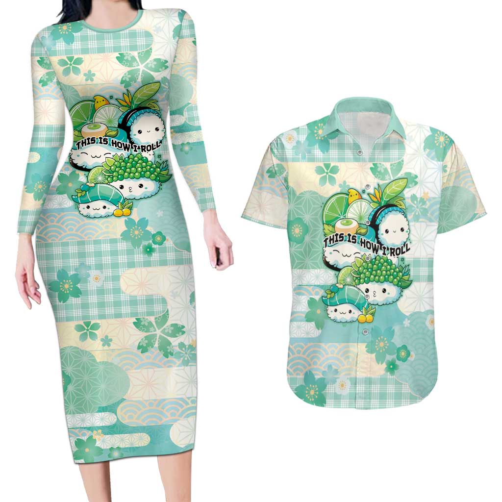 Personalized Japanese Kawaii Sushi Couples Matching Long Sleeve Bodycon Dress and Hawaiian Shirt Green Wagara Palaka This Is How I Roll