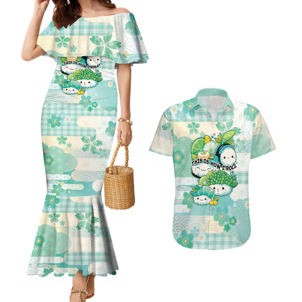 Personalized Japanese Kawaii Sushi Couples Matching Mermaid Dress and Hawaiian Shirt Green Wagara Palaka This Is How I Roll