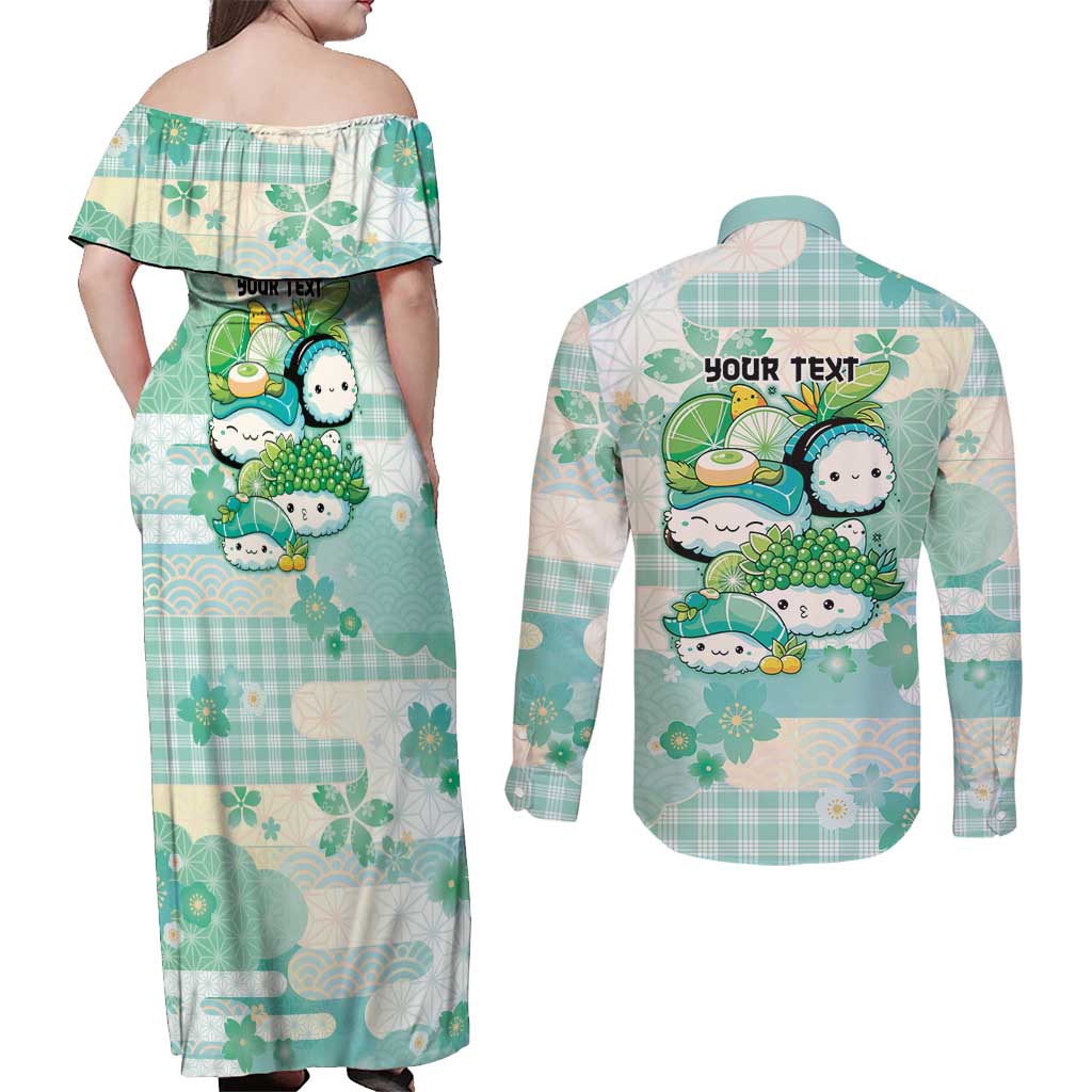 Personalized Japanese Kawaii Sushi Couples Matching Off Shoulder Maxi Dress and Long Sleeve Button Shirt Green Wagara Palaka This Is How I Roll
