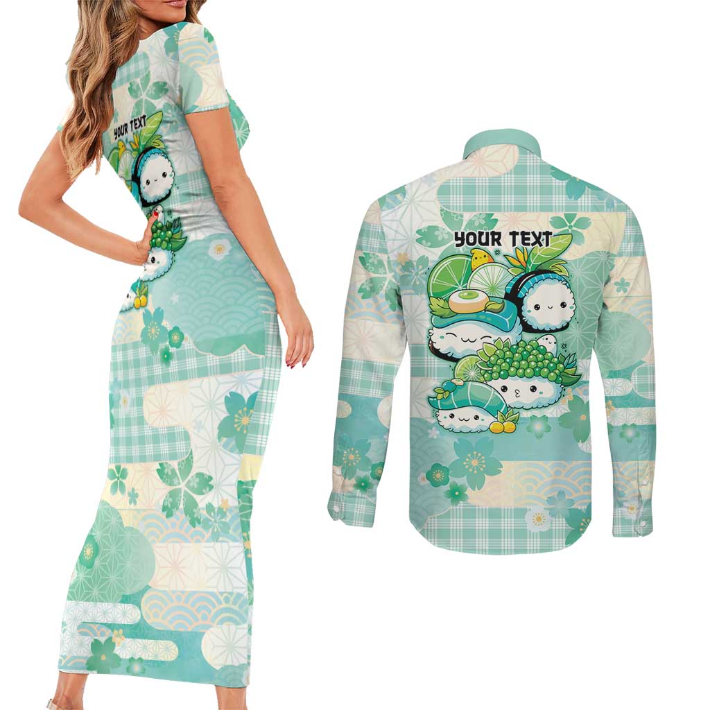 Personalized Japanese Kawaii Sushi Couples Matching Short Sleeve Bodycon Dress and Long Sleeve Button Shirt Green Wagara Palaka This Is How I Roll