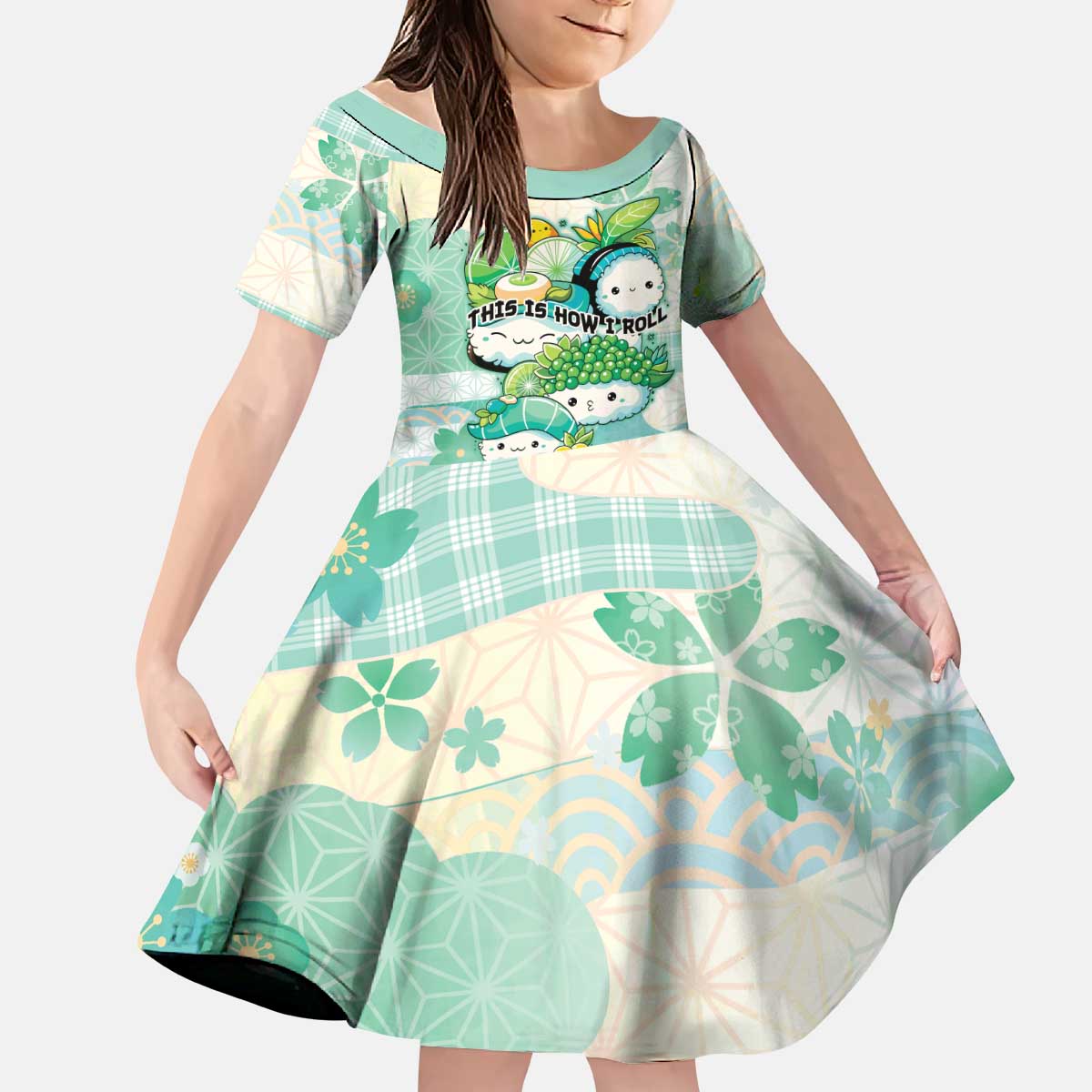 Personalized Japanese Kawaii Sushi Kid Short Sleeve Dress Green Wagara Palaka This Is How I Roll LT9 KID Green - Polynesian Pride