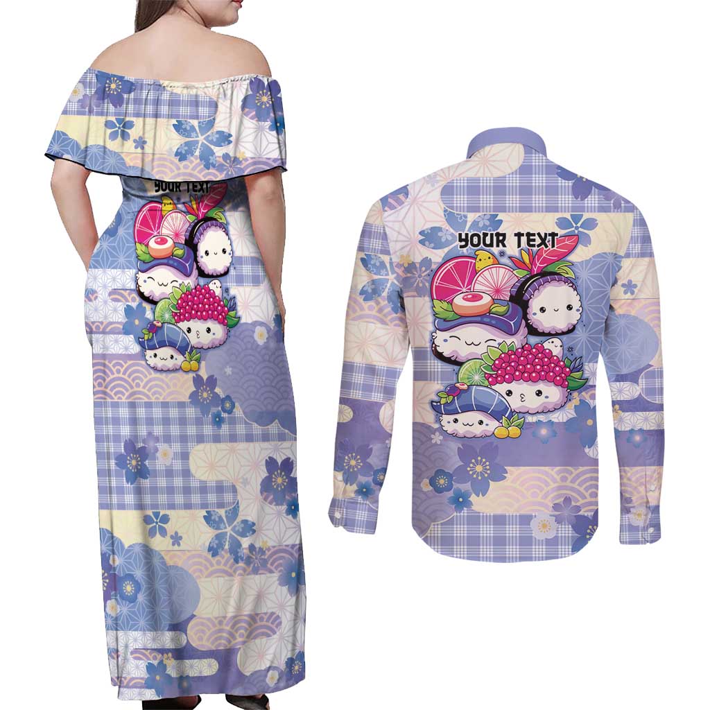 Personalized Japanese Kawaii Sushi Couples Matching Off Shoulder Maxi Dress and Long Sleeve Button Shirt Blue Wagara Palaka This Is How I Roll