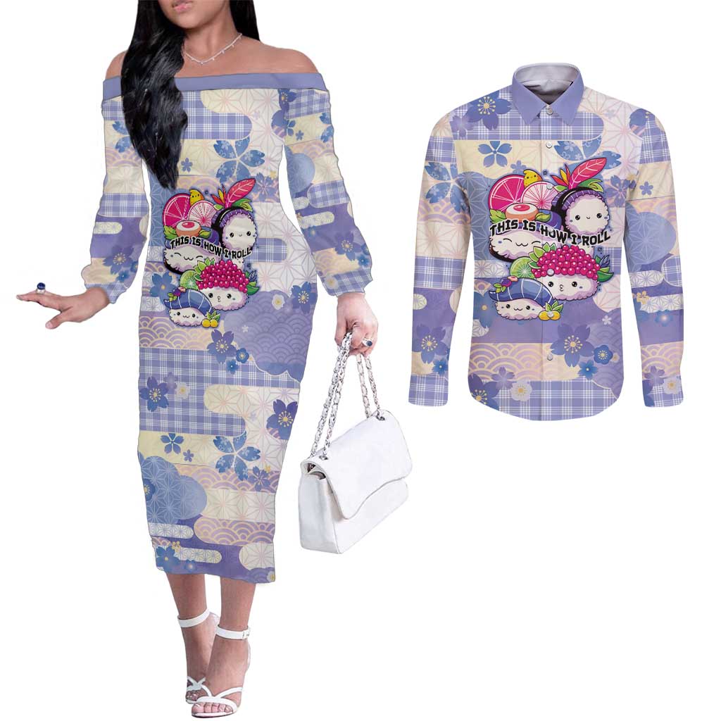Personalized Japanese Kawaii Sushi Couples Matching Off The Shoulder Long Sleeve Dress and Long Sleeve Button Shirt Blue Wagara Palaka This Is How I Roll