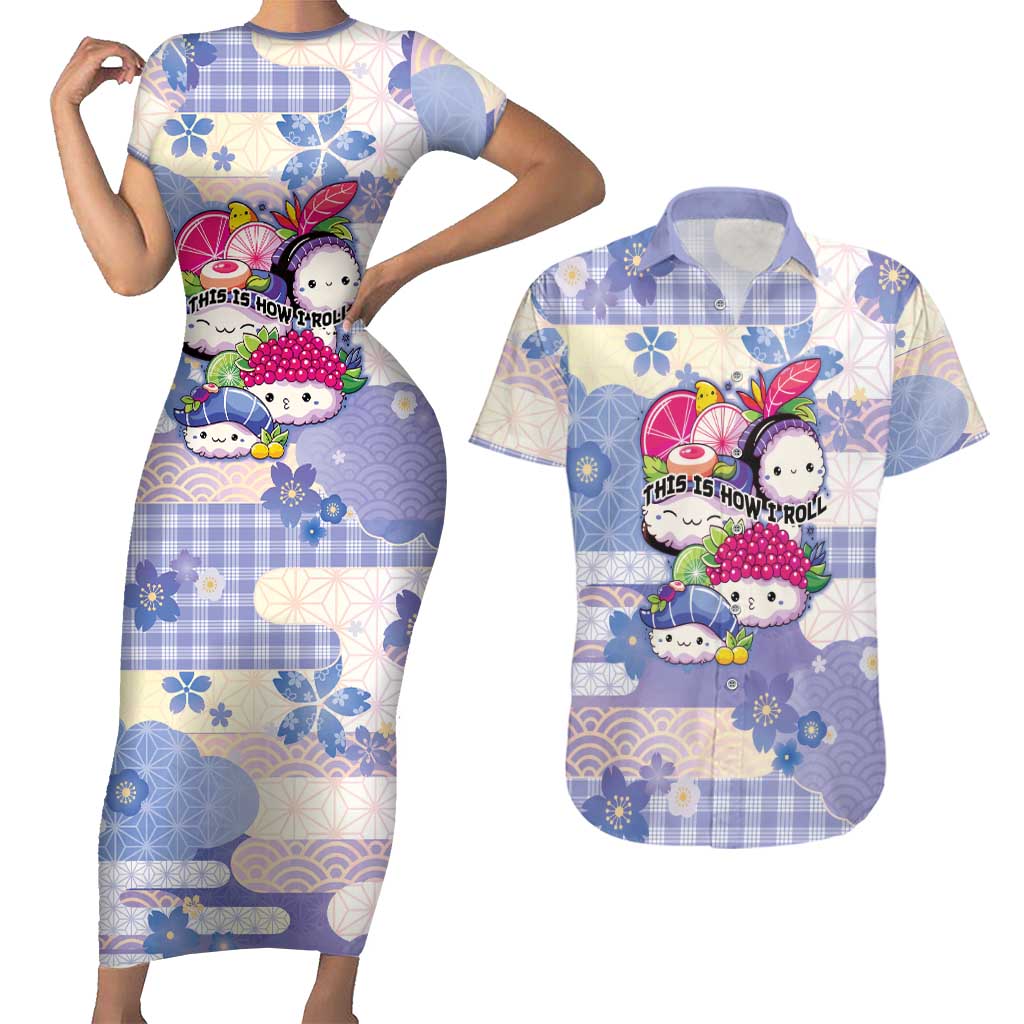 Personalized Japanese Kawaii Sushi Couples Matching Short Sleeve Bodycon Dress and Hawaiian Shirt Blue Wagara Palaka This Is How I Roll