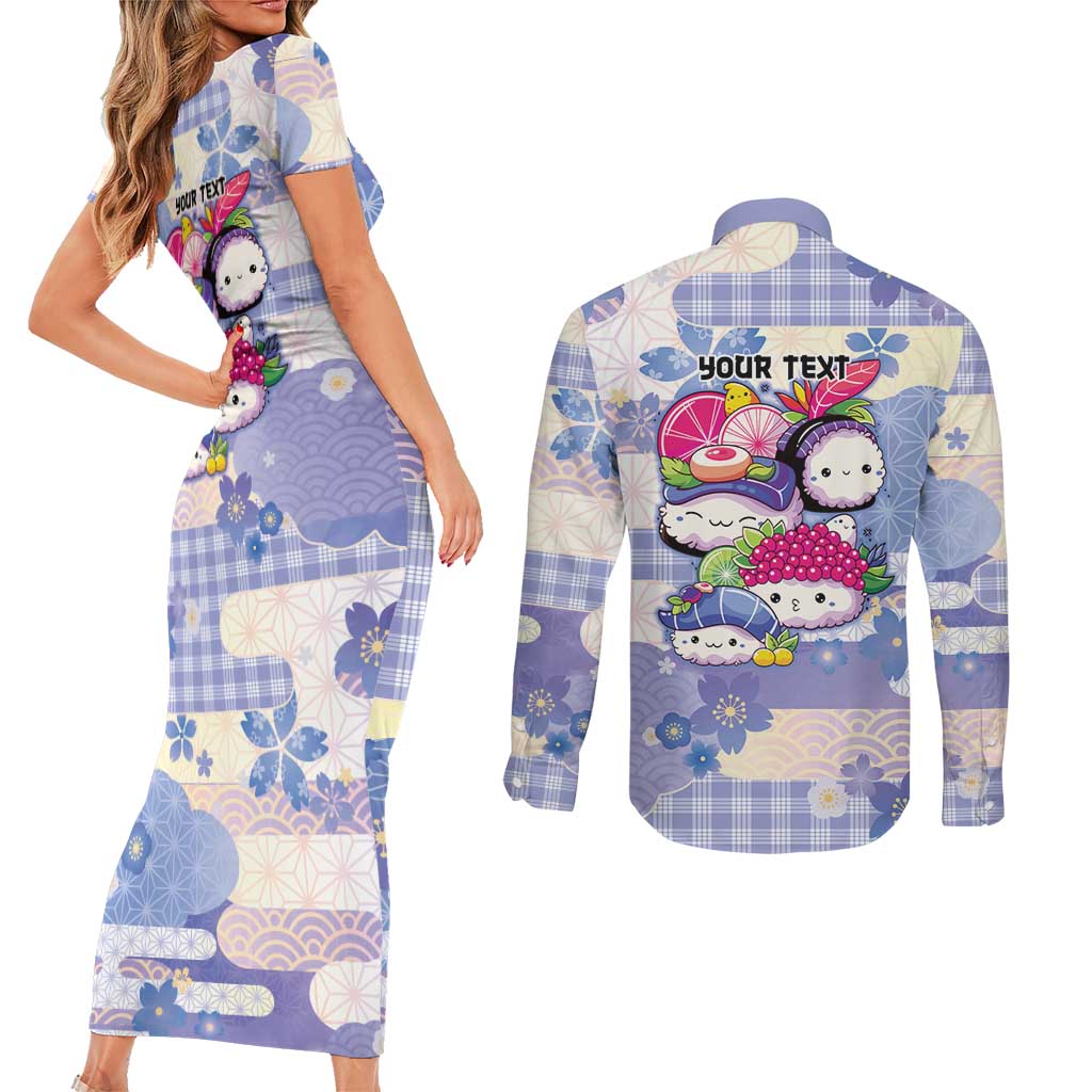Personalized Japanese Kawaii Sushi Couples Matching Short Sleeve Bodycon Dress and Long Sleeve Button Shirt Blue Wagara Palaka This Is How I Roll