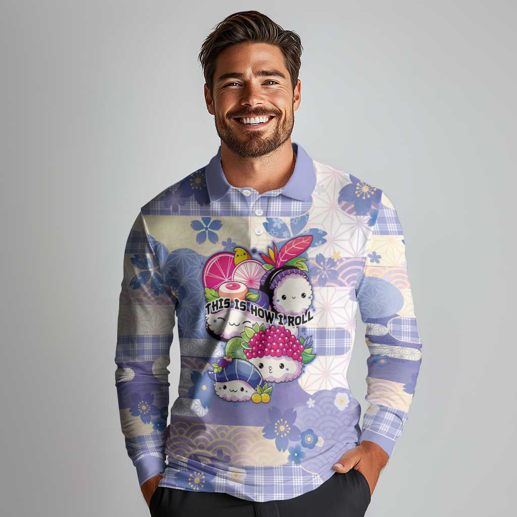 Personalized Japanese Kawaii Sushi Long Sleeve Polo Shirt Blue Wagara Palaka This Is How I Roll