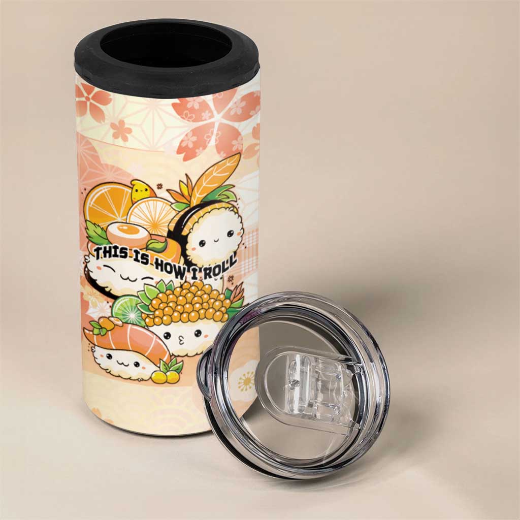Personalized Japanese Kawaii Sushi 4 in 1 Can Cooler Tumbler Peach Wagara Palaka This Is How I Roll