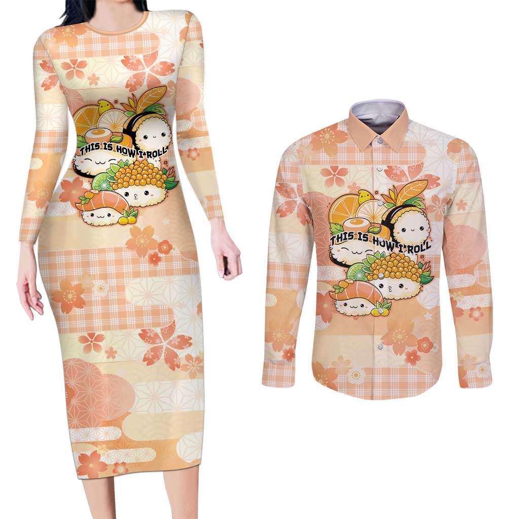 Personalized Japanese Kawaii Sushi Couples Matching Long Sleeve Bodycon Dress and Long Sleeve Button Shirt Peach Wagara Palaka This Is How I Roll