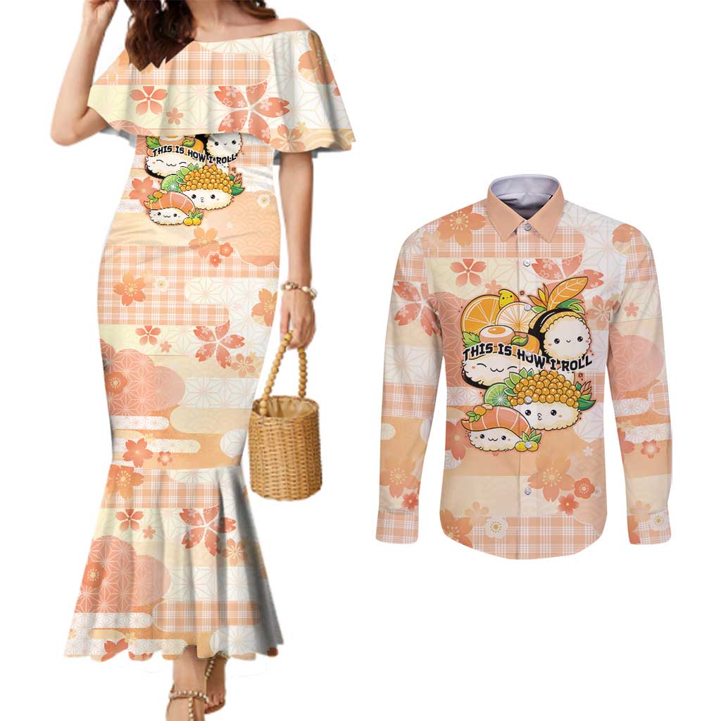 Personalized Japanese Kawaii Sushi Couples Matching Mermaid Dress and Long Sleeve Button Shirt Peach Wagara Palaka This Is How I Roll