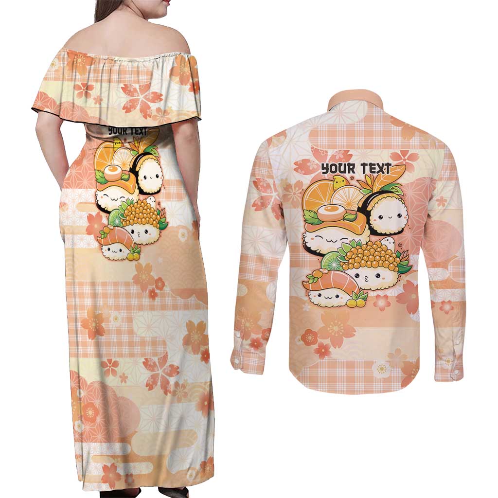 Personalized Japanese Kawaii Sushi Couples Matching Off Shoulder Maxi Dress and Long Sleeve Button Shirt Peach Wagara Palaka This Is How I Roll