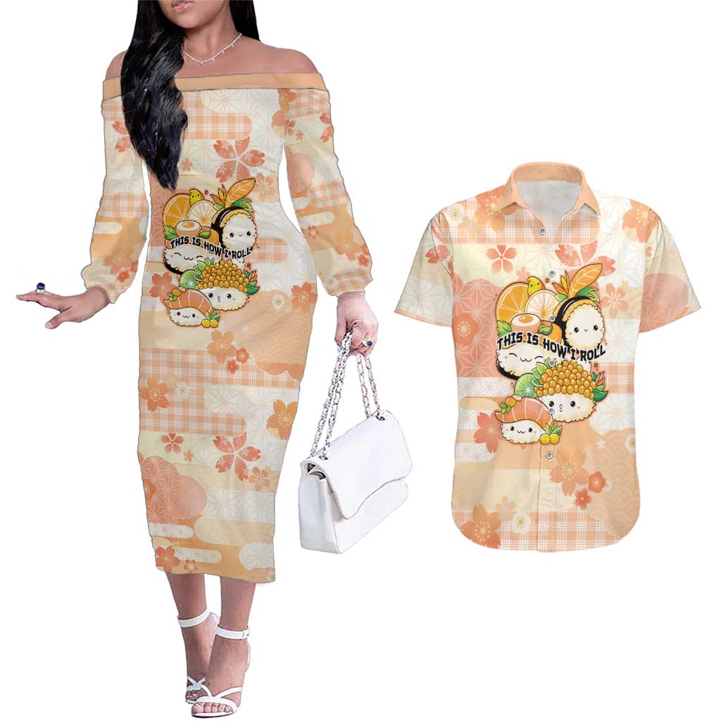 Personalized Japanese Kawaii Sushi Couples Matching Off The Shoulder Long Sleeve Dress and Hawaiian Shirt Peach Wagara Palaka This Is How I Roll