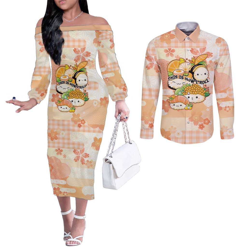 Personalized Japanese Kawaii Sushi Couples Matching Off The Shoulder Long Sleeve Dress and Long Sleeve Button Shirt Peach Wagara Palaka This Is How I Roll LT9 Peach - Polynesian Pride