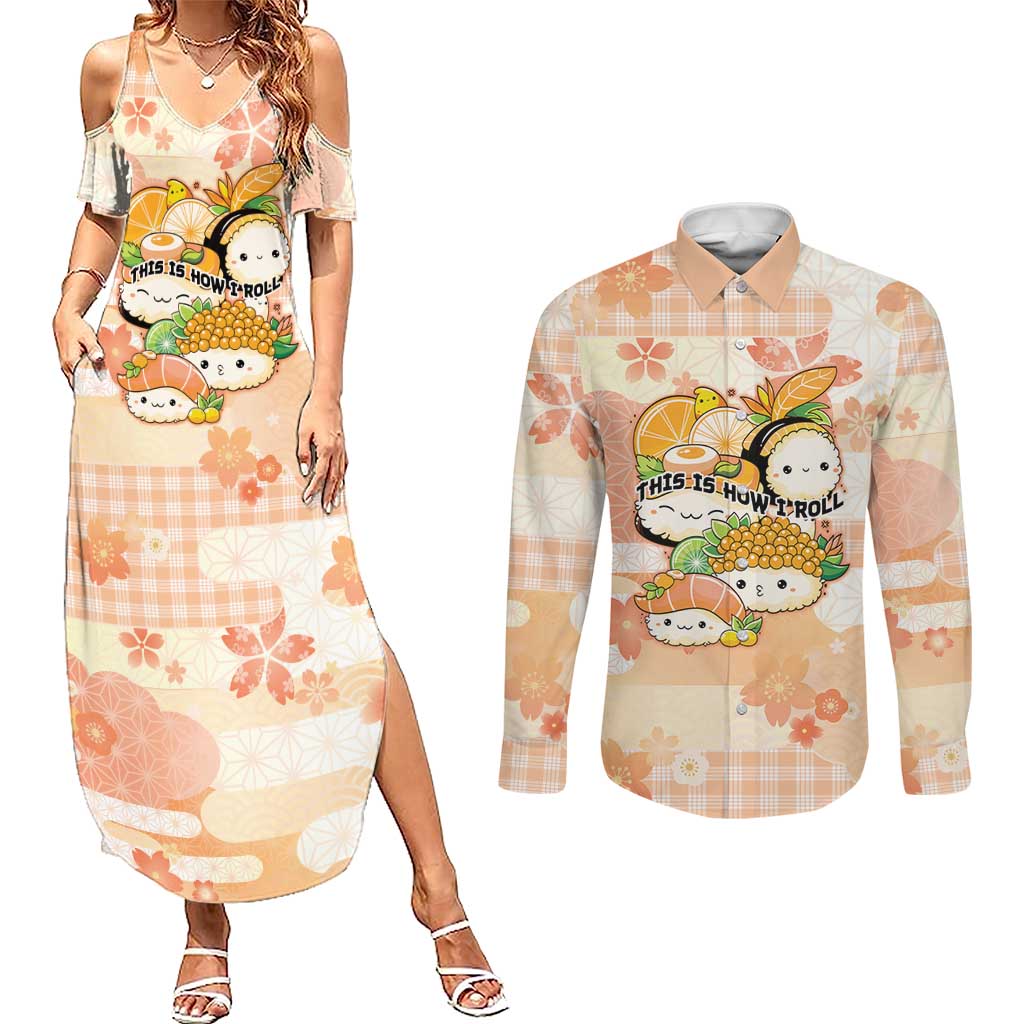 Personalized Japanese Kawaii Sushi Couples Matching Summer Maxi Dress and Long Sleeve Button Shirt Peach Wagara Palaka This Is How I Roll LT9 Peach - Polynesian Pride