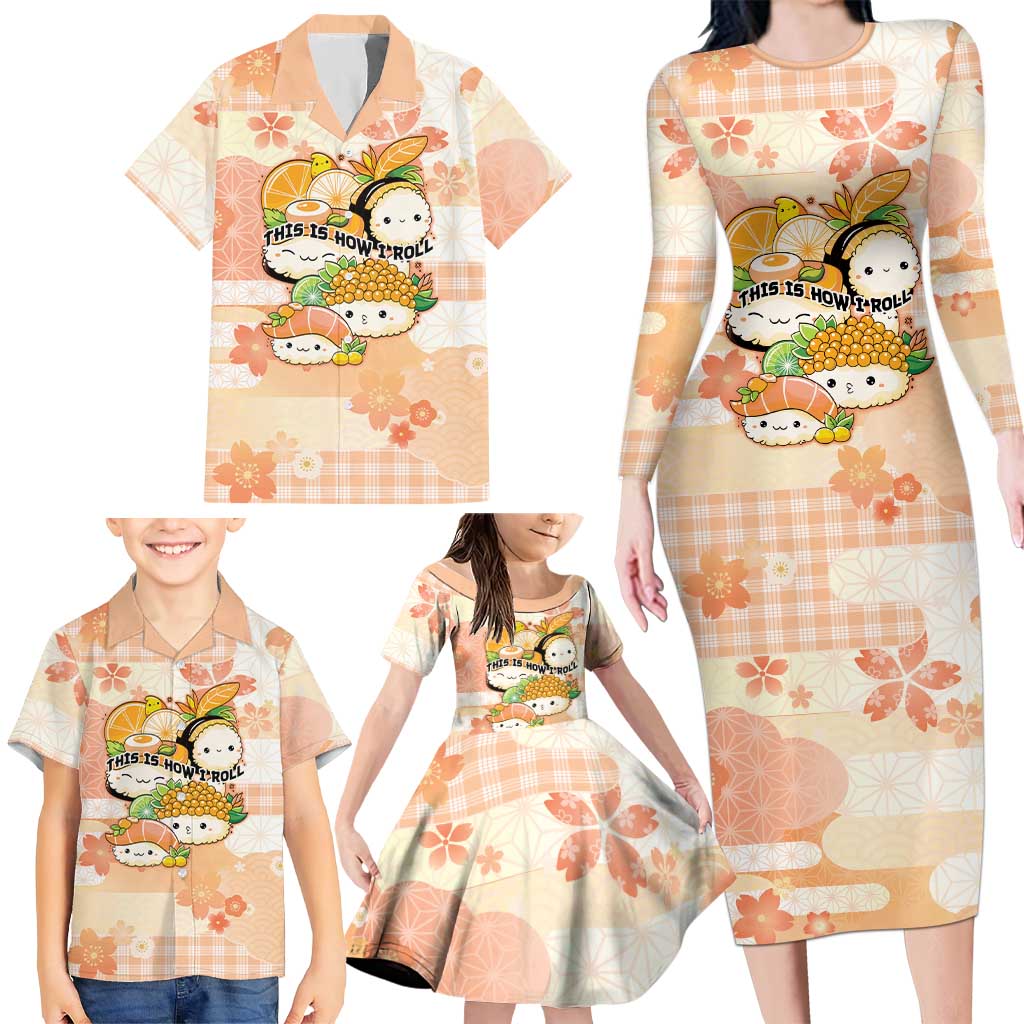 Personalized Japanese Kawaii Sushi Family Matching Long Sleeve Bodycon Dress and Hawaiian Shirt Peach Wagara Palaka This Is How I Roll