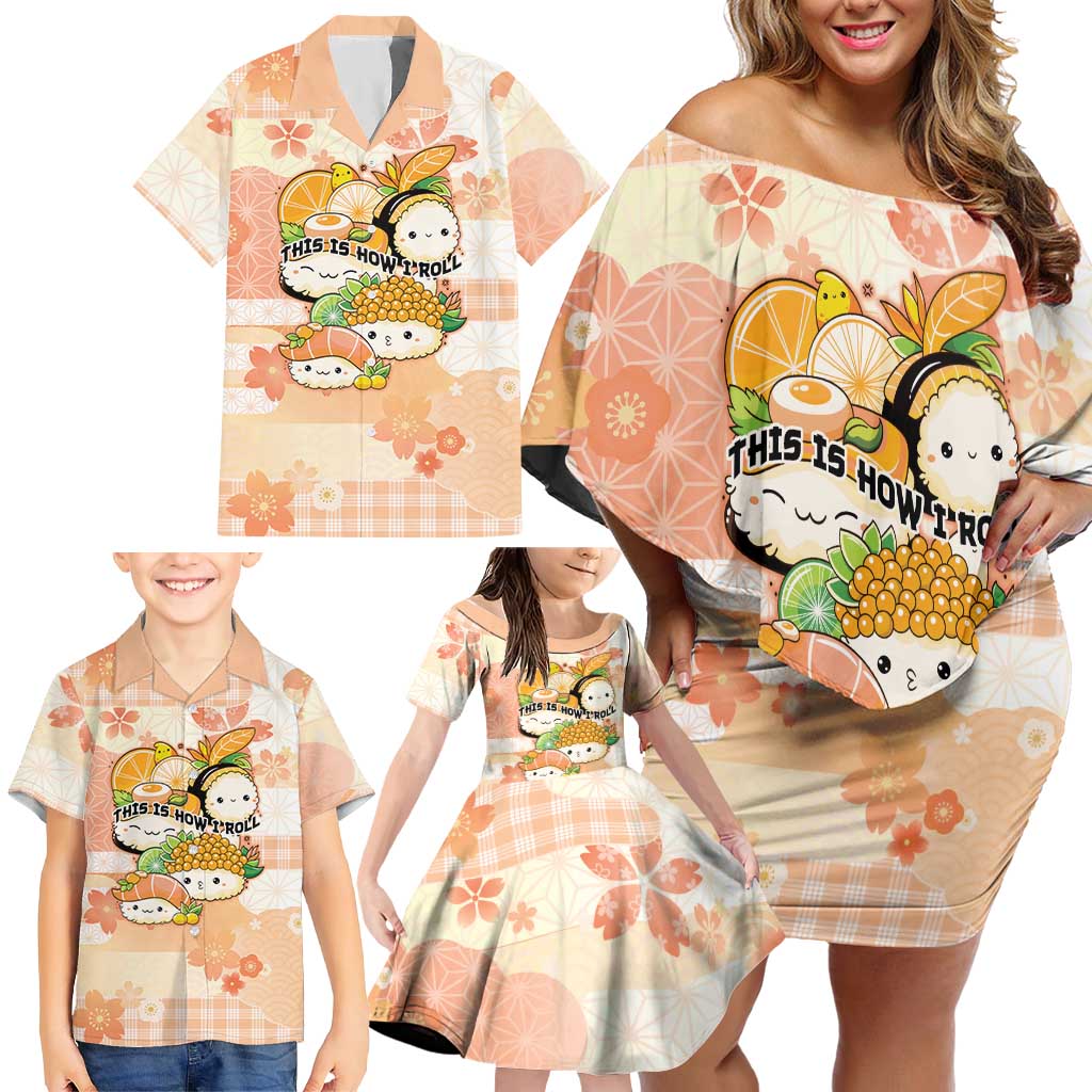 Personalized Japanese Kawaii Sushi Family Matching Off Shoulder Short Dress and Hawaiian Shirt Peach Wagara Palaka This Is How I Roll