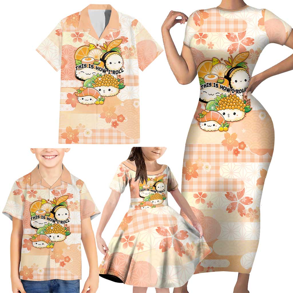 Personalized Japanese Kawaii Sushi Family Matching Short Sleeve Bodycon Dress and Hawaiian Shirt Peach Wagara Palaka This Is How I Roll