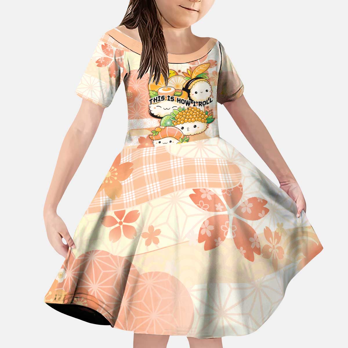 Personalized Japanese Kawaii Sushi Kid Short Sleeve Dress Peach Wagara Palaka This Is How I Roll LT9 KID Peach - Polynesian Pride