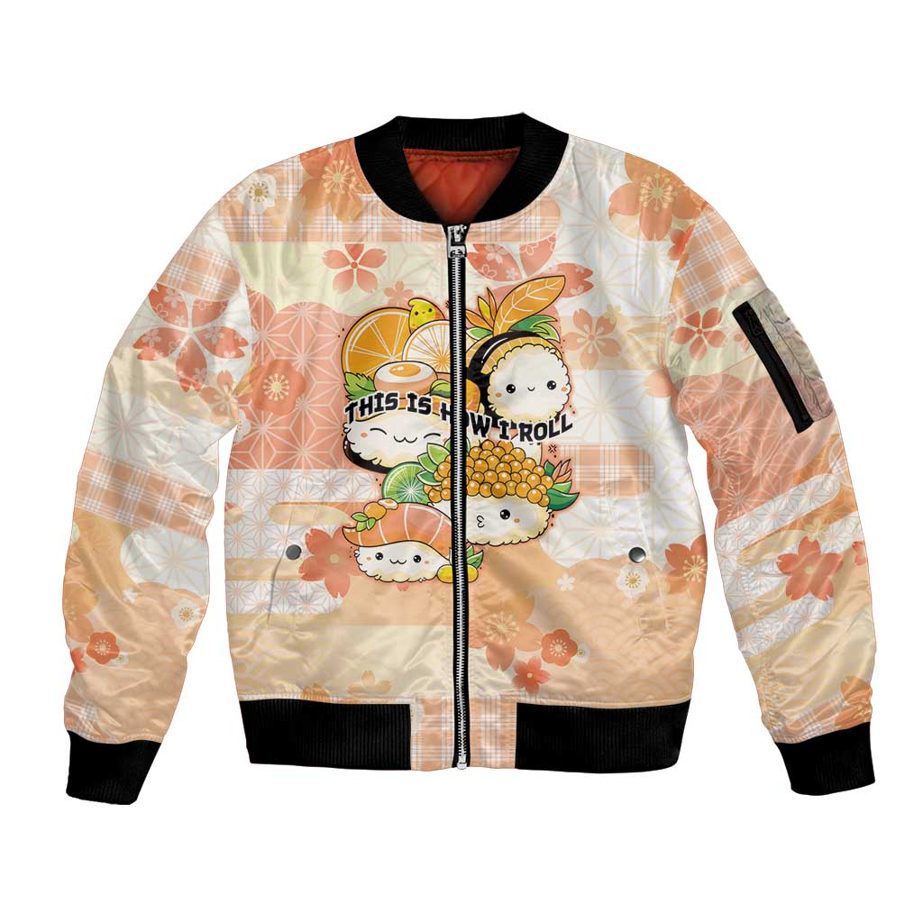 Personalized Japanese Kawaii Sushi Sleeve Zip Bomber Jacket Peach Wagara Palaka This Is How I Roll