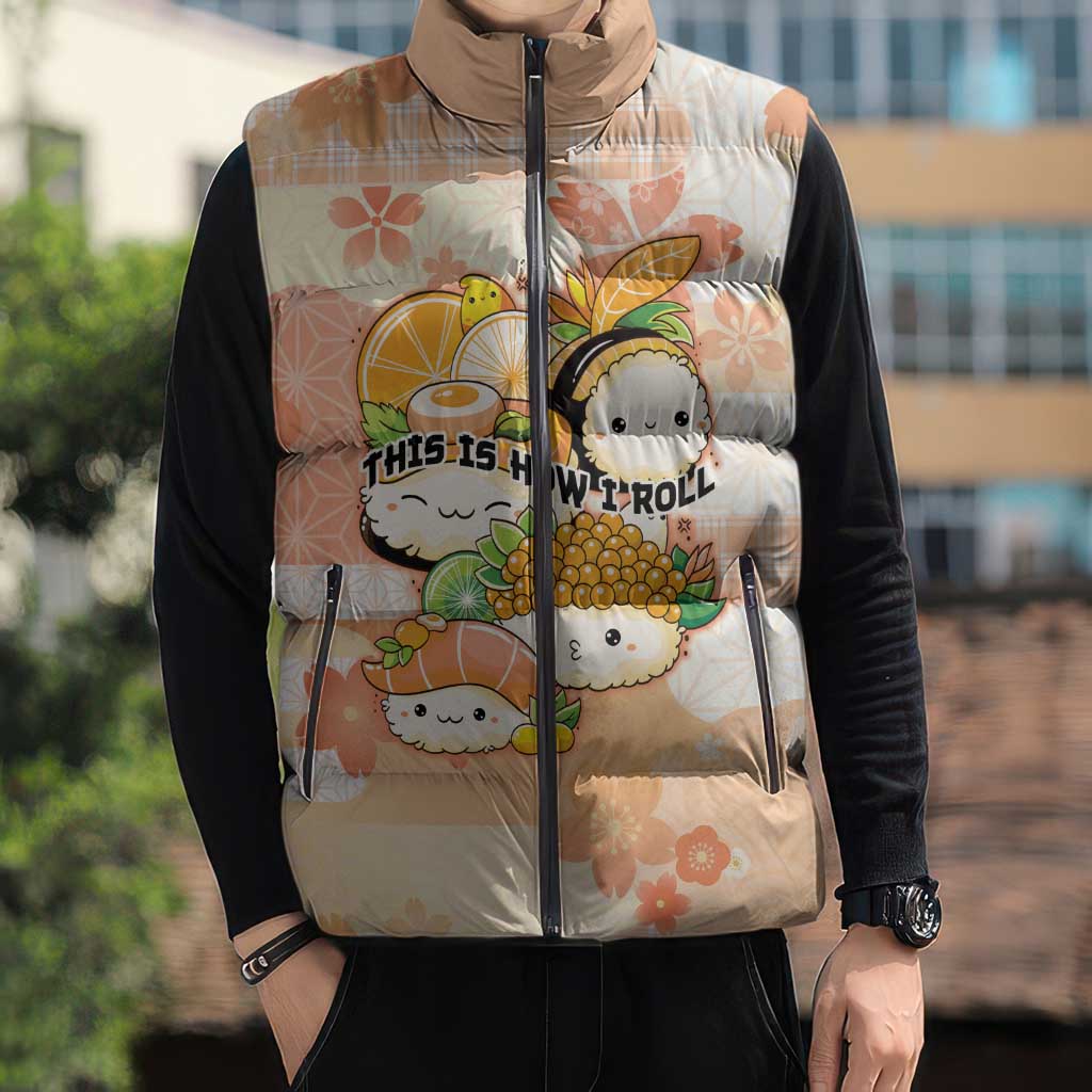 Personalized Japanese Kawaii Sushi Sleeveless Puffer Jacket Peach Wagara Palaka This Is How I Roll