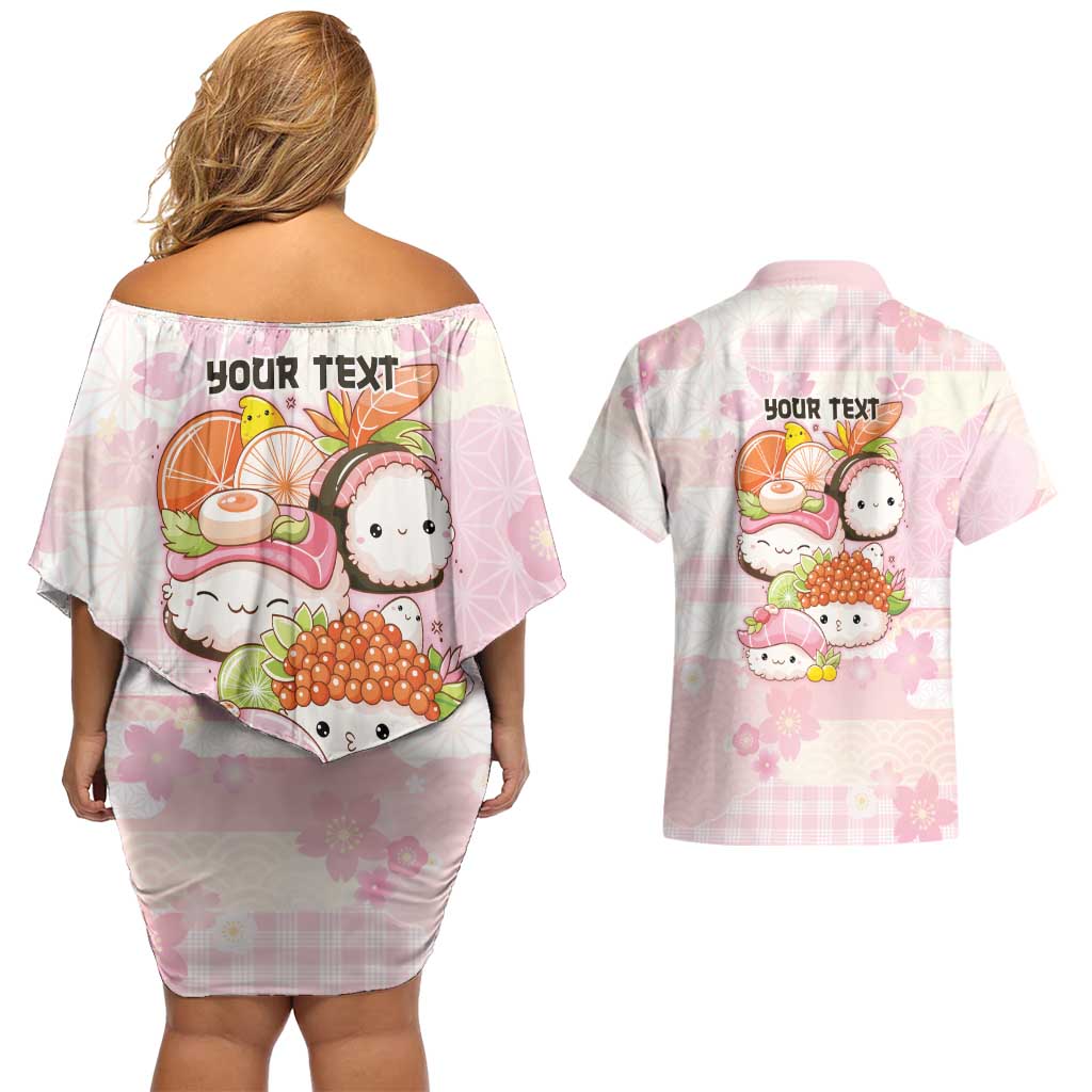 Personalized Japanese Kawaii Sushi Couples Matching Off Shoulder Short Dress and Hawaiian Shirt Pink Wagara Palaka This Is How I Roll
