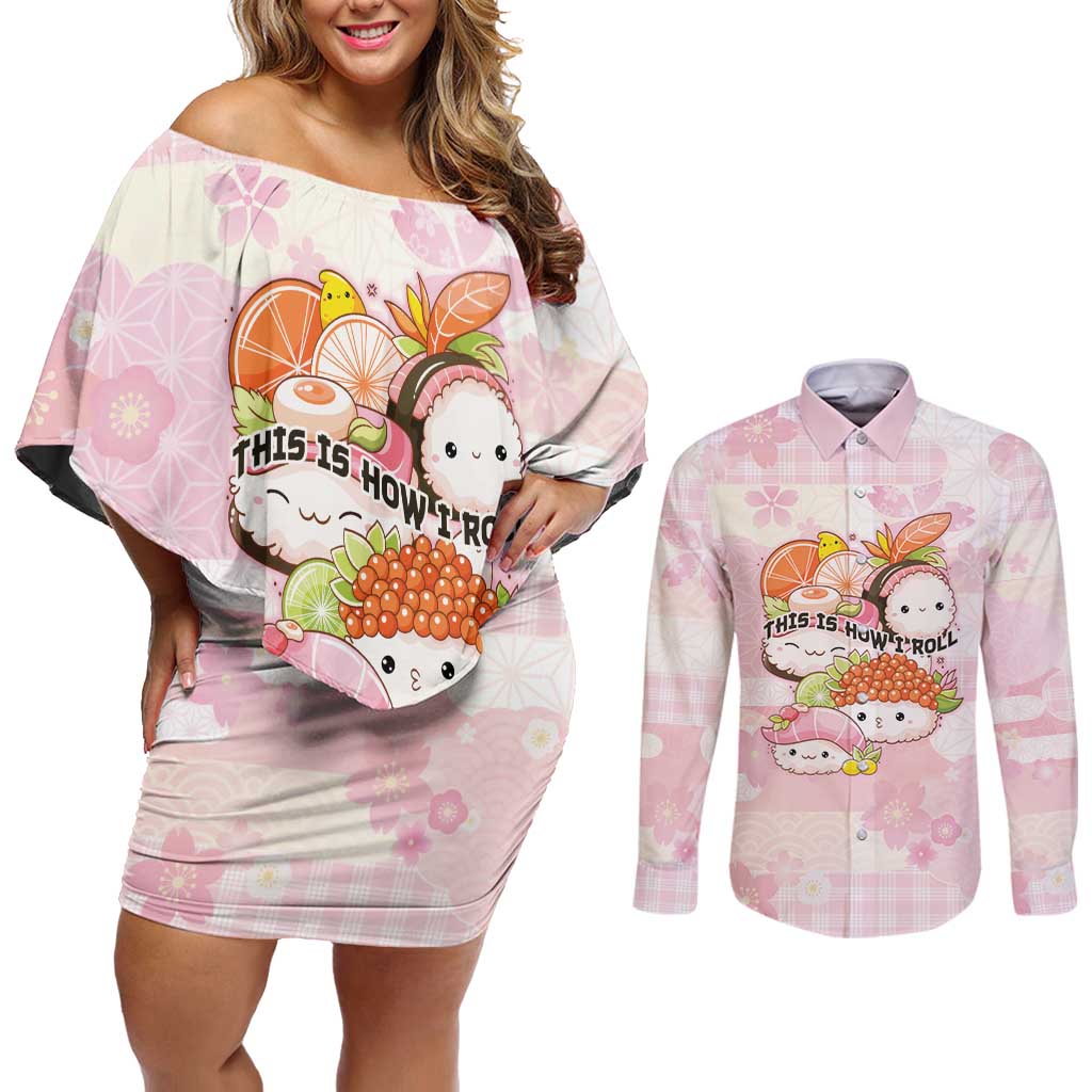 Personalized Japanese Kawaii Sushi Couples Matching Off Shoulder Short Dress and Long Sleeve Button Shirt Pink Wagara Palaka This Is How I Roll