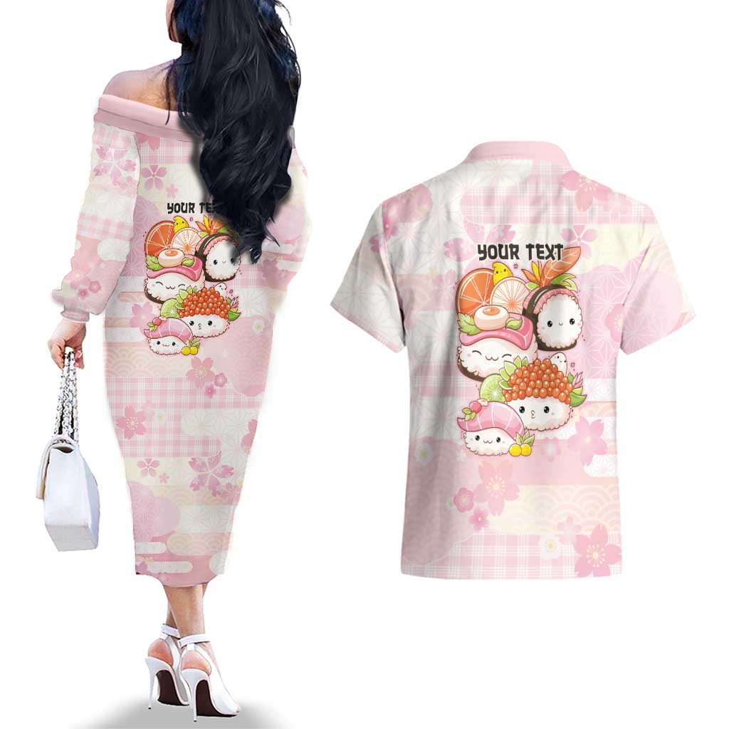 Personalized Japanese Kawaii Sushi Couples Matching Off The Shoulder Long Sleeve Dress and Hawaiian Shirt Pink Wagara Palaka This Is How I Roll