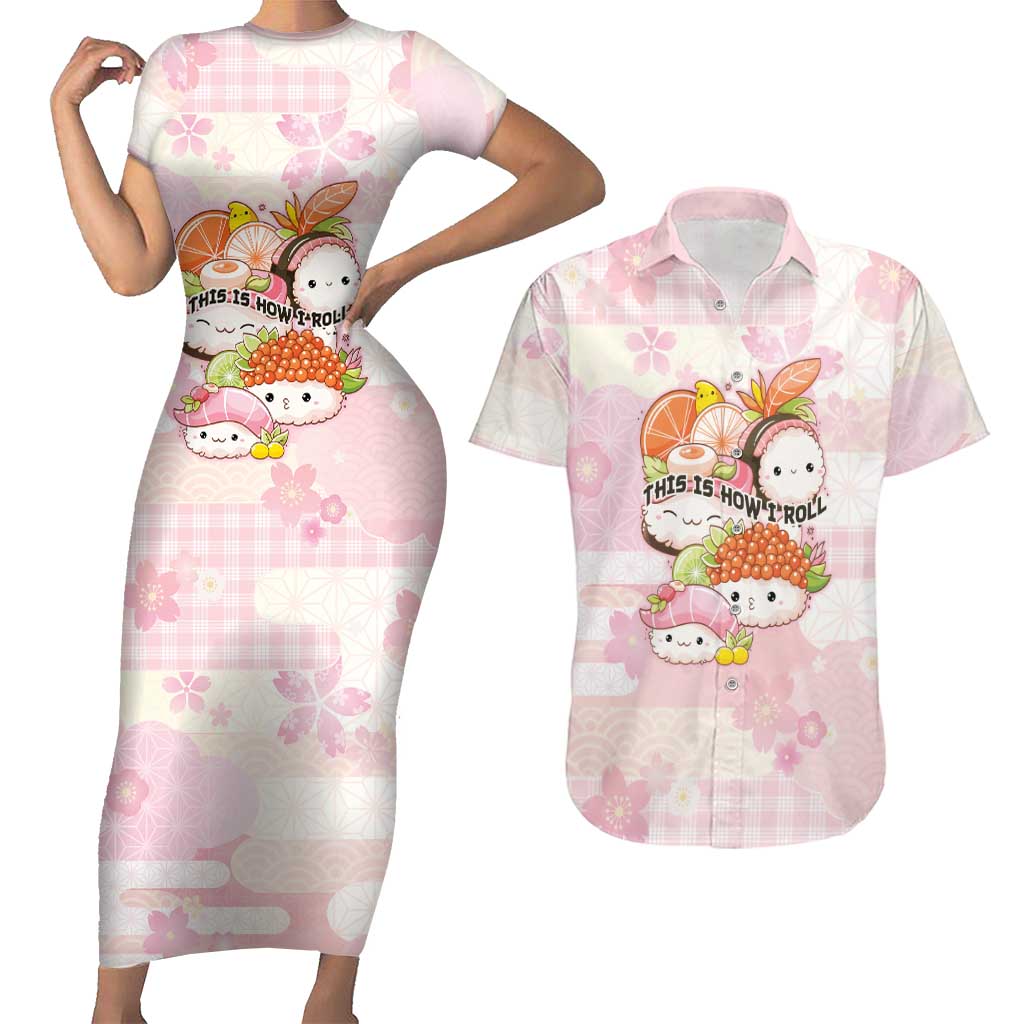 Personalized Japanese Kawaii Sushi Couples Matching Short Sleeve Bodycon Dress and Hawaiian Shirt Pink Wagara Palaka This Is How I Roll LT9 Pink - Polynesian Pride
