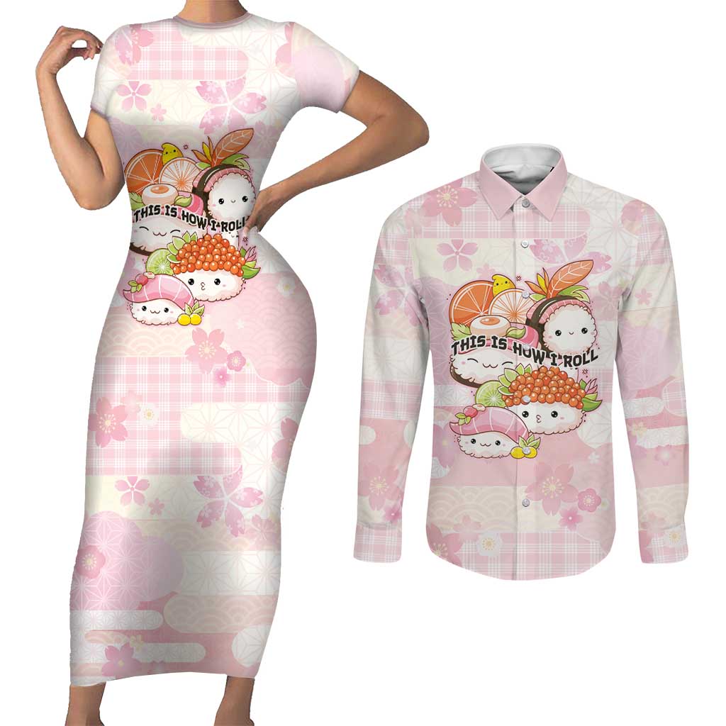 Personalized Japanese Kawaii Sushi Couples Matching Short Sleeve Bodycon Dress and Long Sleeve Button Shirt Pink Wagara Palaka This Is How I Roll