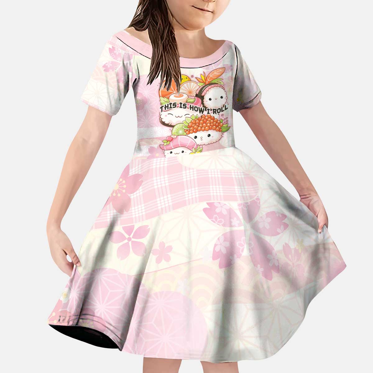 Personalized Japanese Kawaii Sushi Kid Short Sleeve Dress Pink Wagara Palaka This Is How I Roll LT9 KID Pink - Polynesian Pride