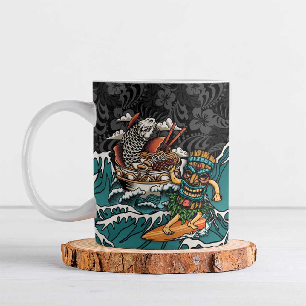 Personalized Japanese Koi Fish Ramen Ceramic Mug Tiki Surfing Wagara Hibiscus Pattern